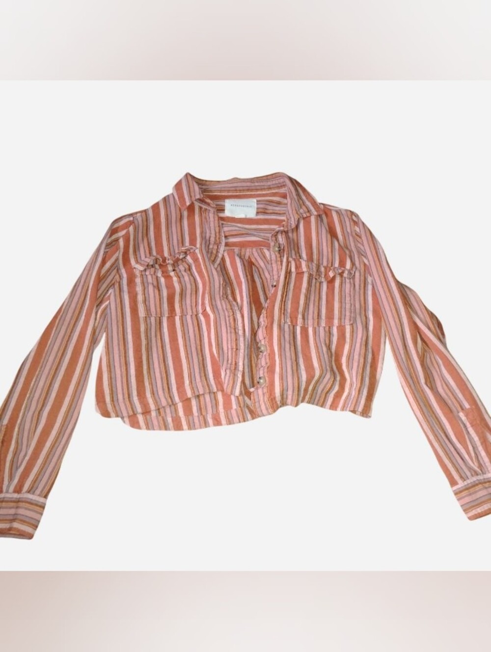 Aéropostale Cropped Striped Button-Down Shirt Long Sleeve Terracotta Rust Pink L
